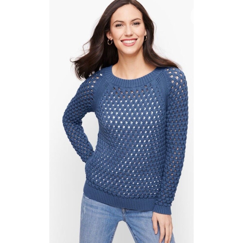 Talbots Sweater Womens L Blue Knit Bateau Neck Open Stitch Pullover Sweatshirt